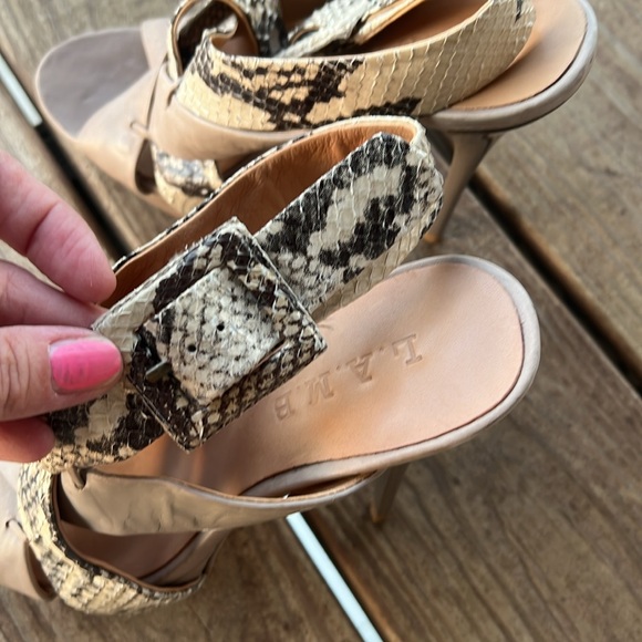 L.A.M.B. Sz 6 Stiletto Snake & Tan Leather Platform Sandals - Picture 4 of 12